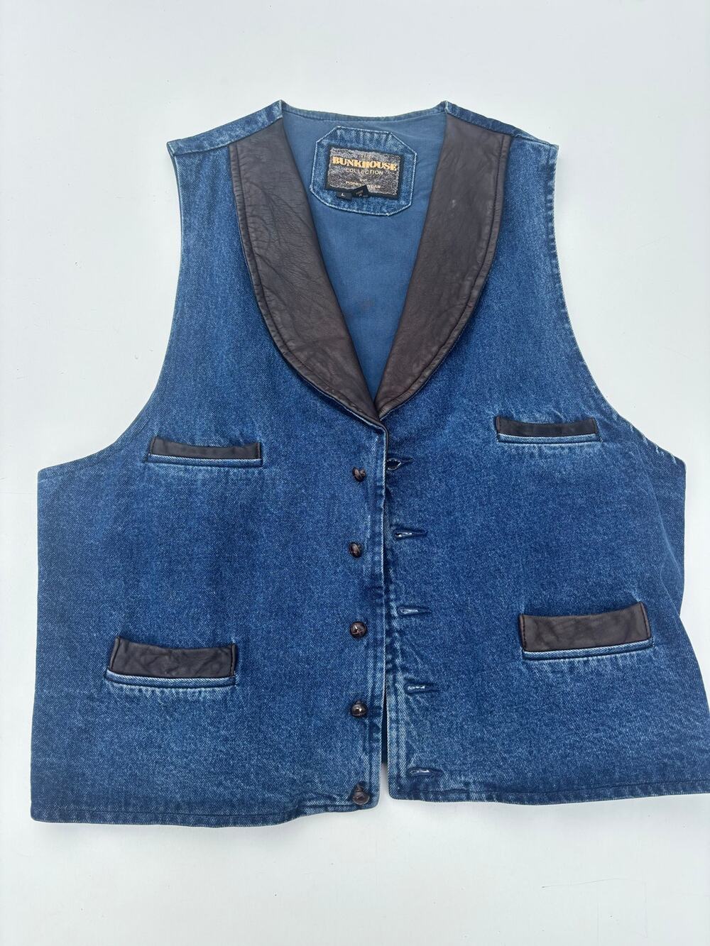 Bunkhouse Pioneer Wear Vintage Denim Leather Trim Vest L